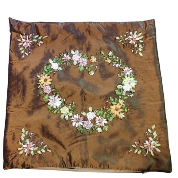 Embroidered Satin Pillow CASE ONLY, throw  cover, 3D floral ribbons, 18" x 18" - Picture 11 of 12